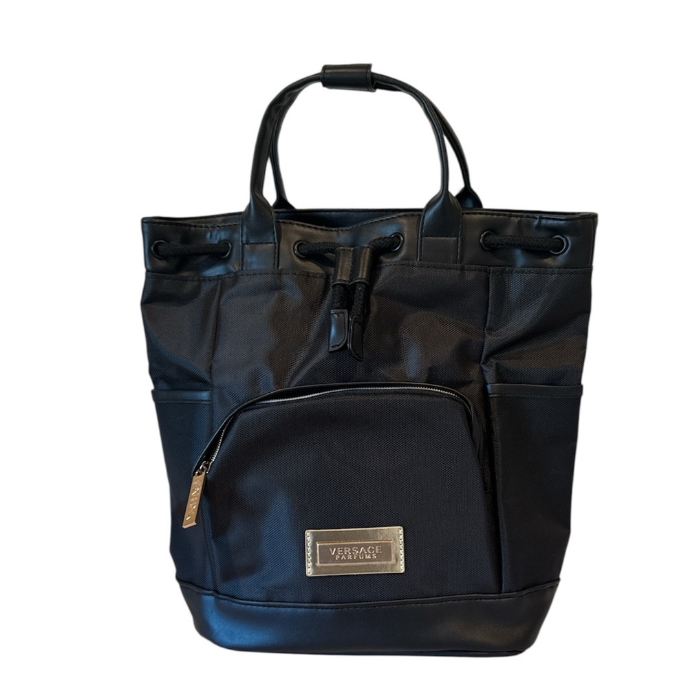 Versace Black Nylon and Leather Drawstring Backpack Tote